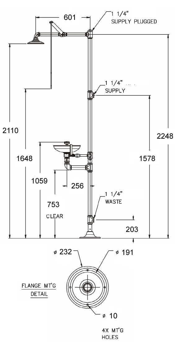 picture of combined drench shower eye wash unit dimensions
