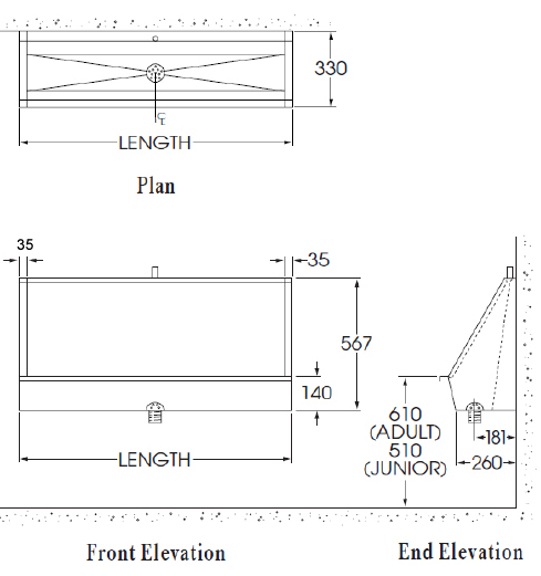 stainless steel trough urinal sizes
