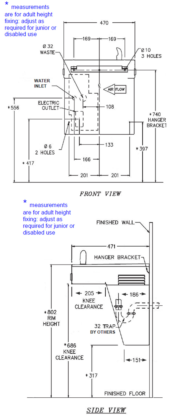 drawing of dda water cooler dimensions