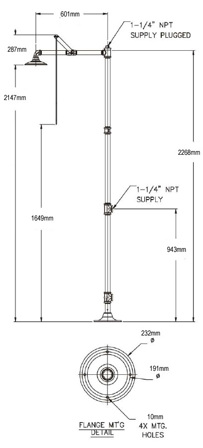 floor mounted drench shower sizes